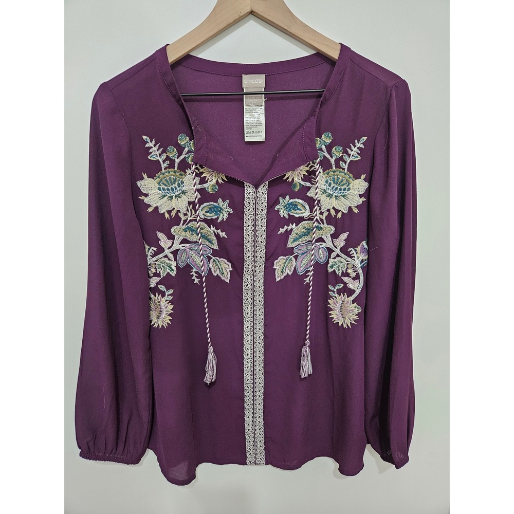 Chicos Plum Purple Embroidered Floral Tassel Blouse Top Size 1 Medium 8 10